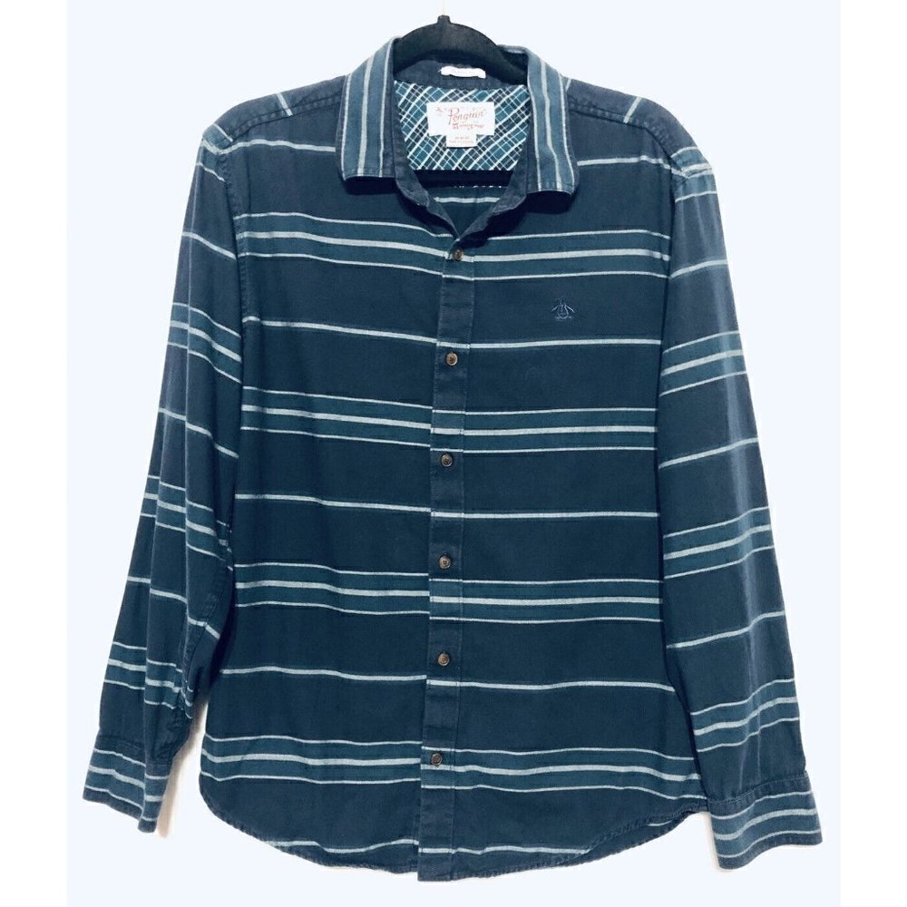 Penguin By Munsingwear Mens Medium Blue Vertical Stripe Long Sleeve Shirt
